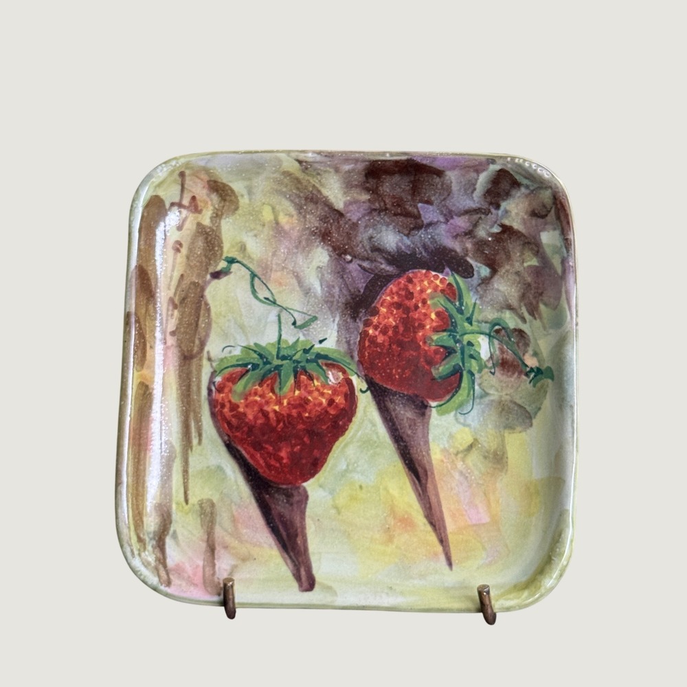 Vintage Italian Hand Painted Ceramic Strawberry Square Trinket Dish Italy